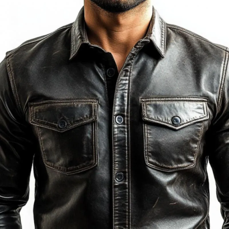 Men's Classic Vintage Slim Pocket Leather Long Sleeve Shirt 26320509K sold by Manly product image thumbnail 2