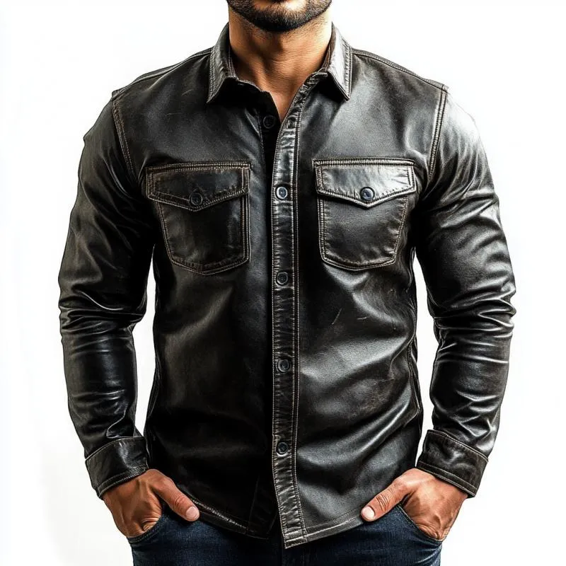 Men's Classic Vintage Slim Pocket Leather Long Sleeve Shirt 26320509K sold by Manly