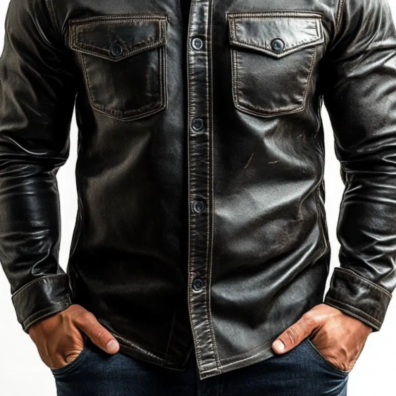 Men's Classic Vintage Slim Pocket Leather Long Sleeve Shirt 26320509K sold by Manly product image thumbnail 3