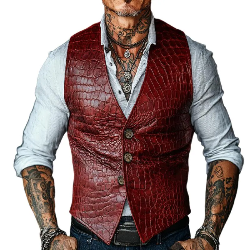 Men's Vintage Casual Collarless Western Leather Vest 83787177TO sold by Manly