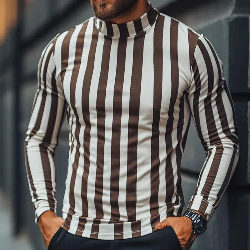 Men's Retro Casual Striped Print Turtleneck Long Sleeve T-Shirt 34477534TO sold by Manly product image thumbnail 2