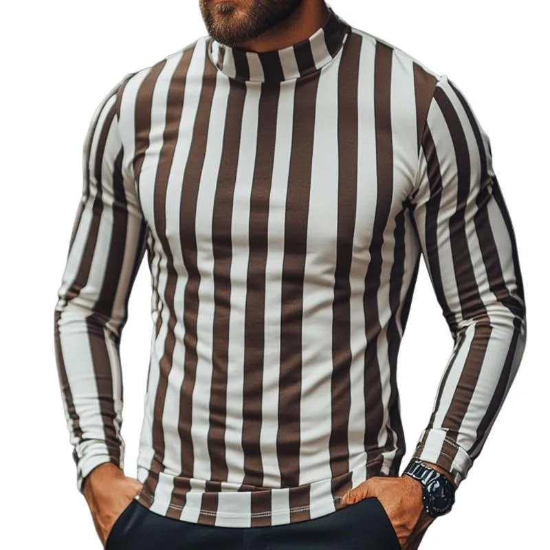 Men's Retro Casual Striped Print Turtleneck Long Sleeve T-Shirt 34477534TO sold by Manly