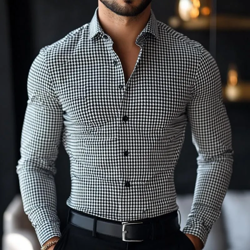 Men's Retro Casual Houndstooth Print Lapel Long Sleeve Shirt 44411829TO sold by Manly product image thumbnail 2