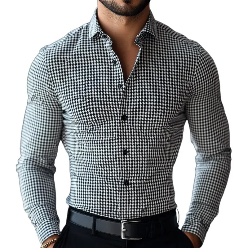 Men's Retro Casual Houndstooth Print Lapel Long Sleeve Shirt 44411829TO sold by Manly