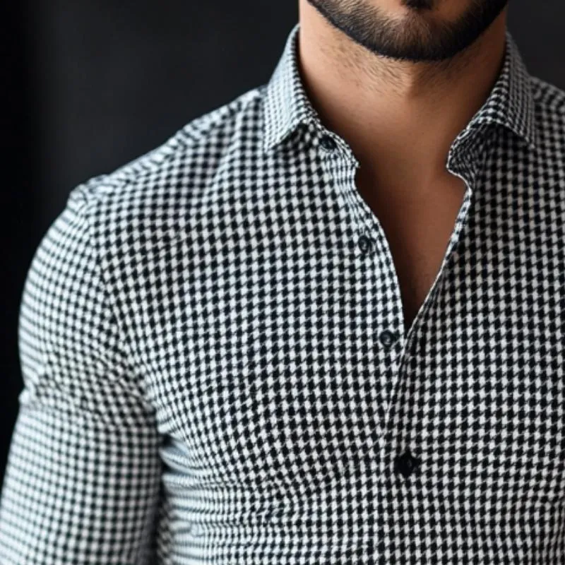 Men's Retro Casual Houndstooth Print Lapel Long Sleeve Shirt 44411829TO sold by Manly product image thumbnail 3