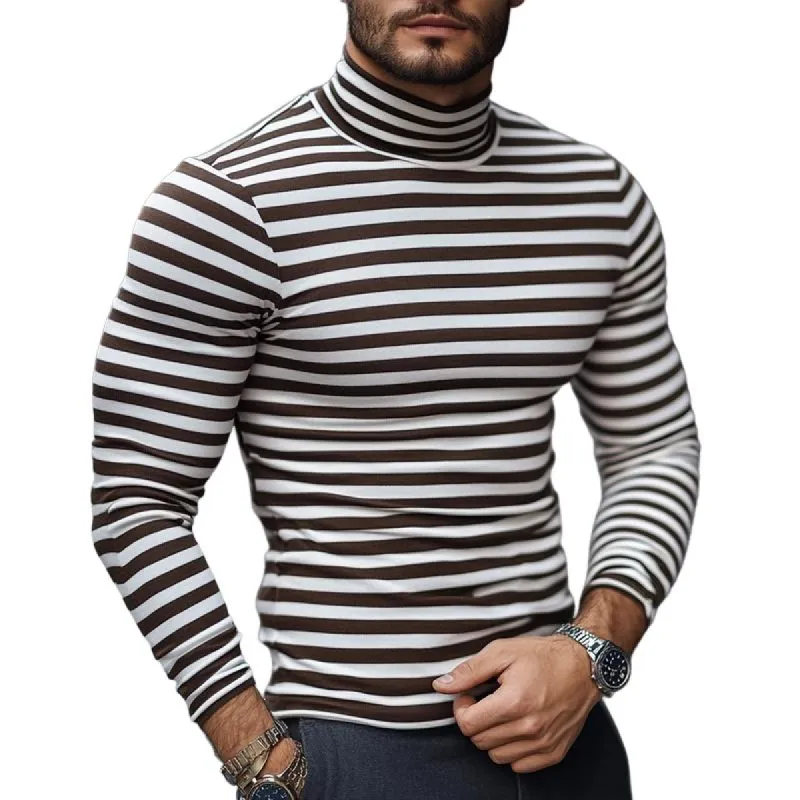 Men's Retro Casual Striped Print Turtleneck Long Sleeve T-Shirt 21683885TO sold by Manly