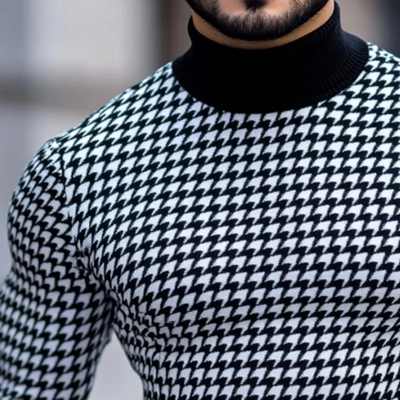 Men's Retro Casual Houndstooth Print Turtleneck Long Sleeve T-Shirt 08552676TO sold by Manly product image thumbnail 3