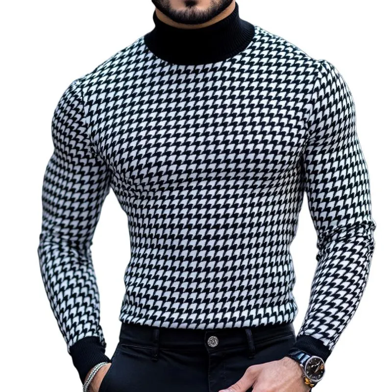 Men's Retro Casual Houndstooth Print Turtleneck Long Sleeve T-Shirt 08552676TO sold by Manly