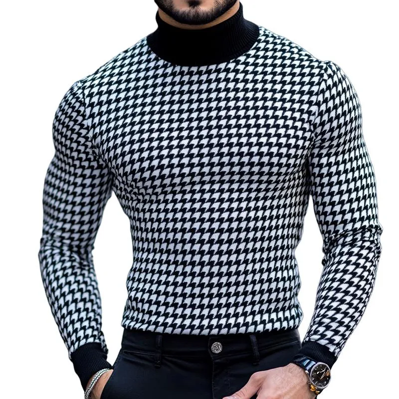 Men's Retro Casual Houndstooth Print Turtleneck Long Sleeve T-Shirt 08552676TO sold by Manly