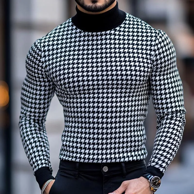 Men's Retro Casual Houndstooth Print Turtleneck Long Sleeve T-Shirt 08552676TO sold by Manly product image thumbnail 2