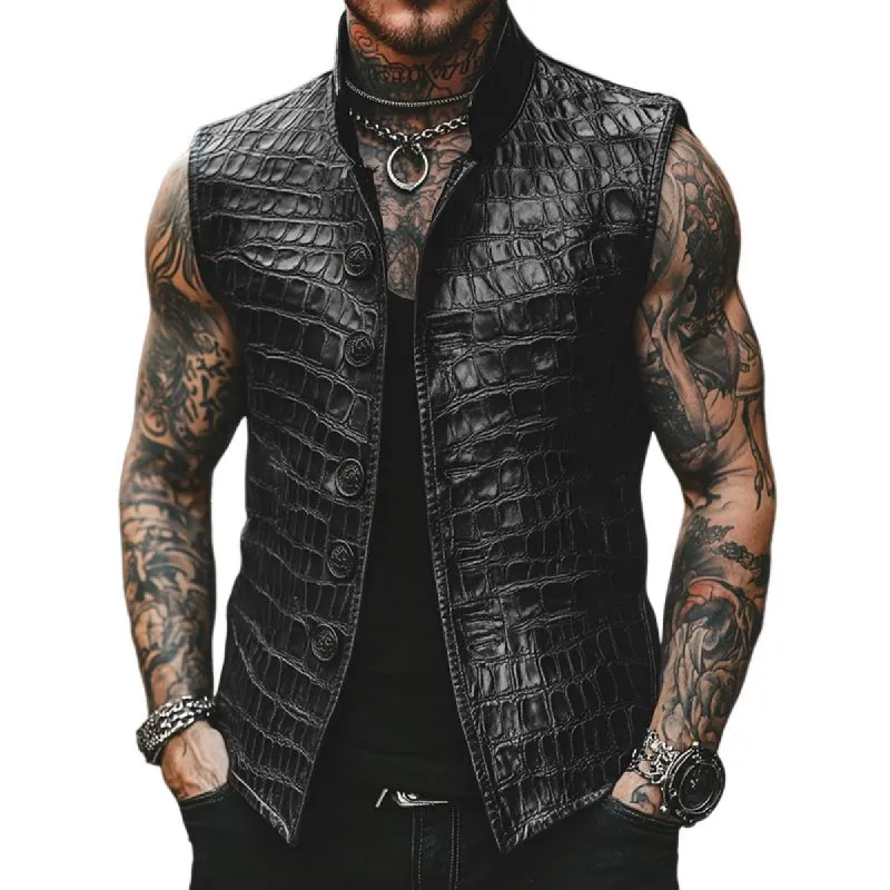 Men's Retro Casual Stand Collar Single Breasted Leather Vest 22111242TO sold by Manly