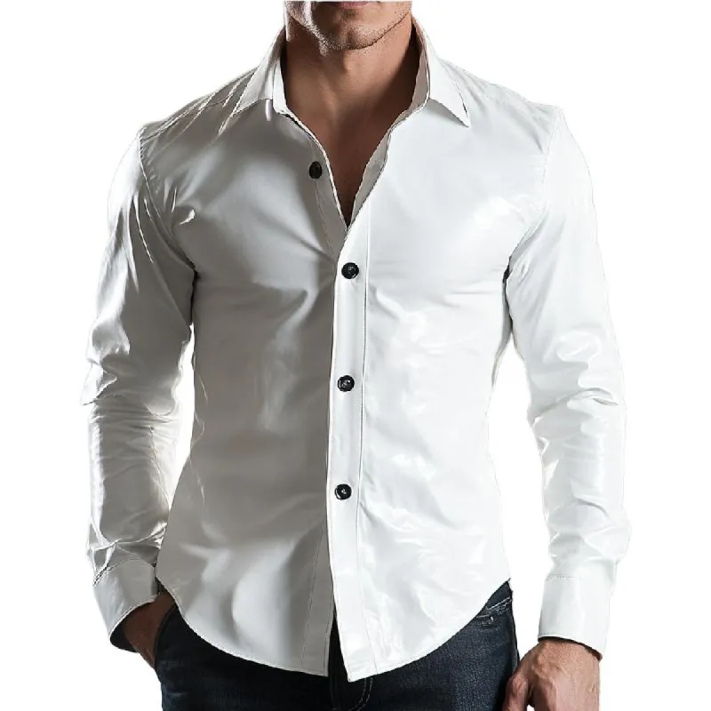 Men's Versatile Solid Color Slim Fit Lapel Long Sleeve Leather Shirt 69454545F sold by Manly