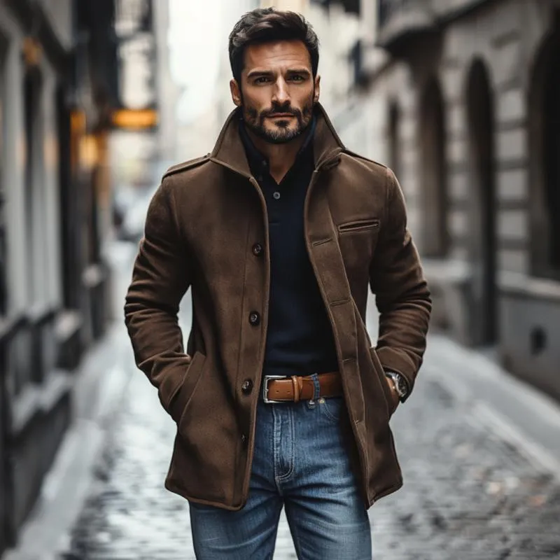 Men's Casual Suede Lapel Single Breasted Slim Fit Coat 72911041M sold by Manly product image thumbnail 3