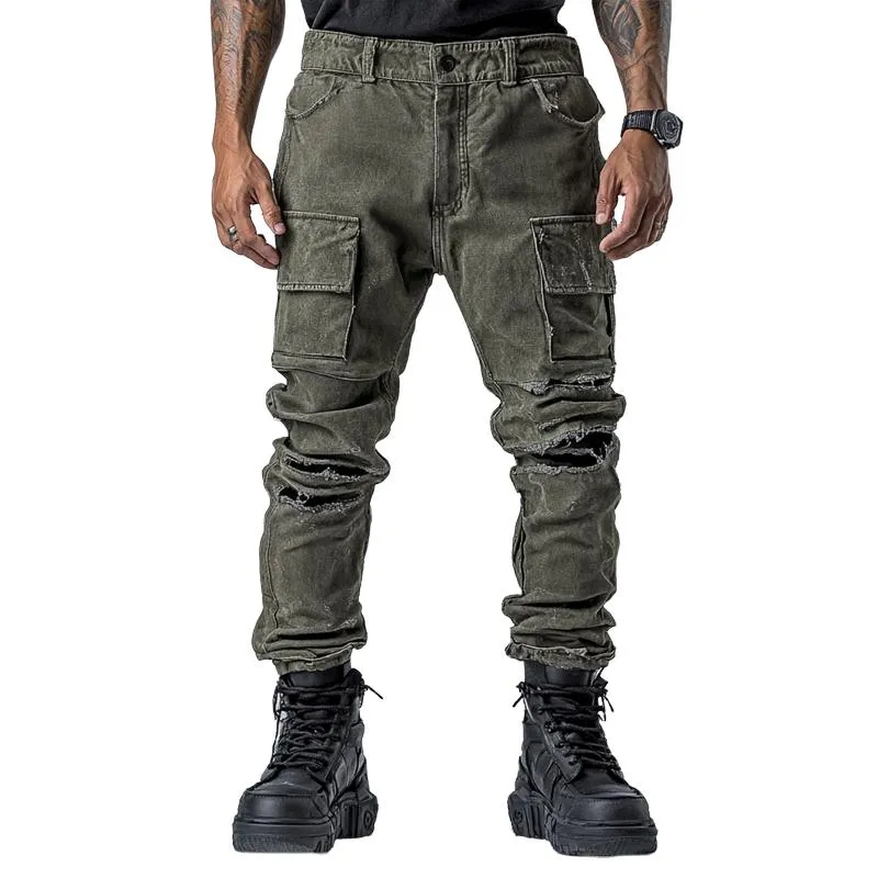 Men's Fashion Distressed Holes Patch Multi-pocket Cargo Pants 67017390Z sold by Manly