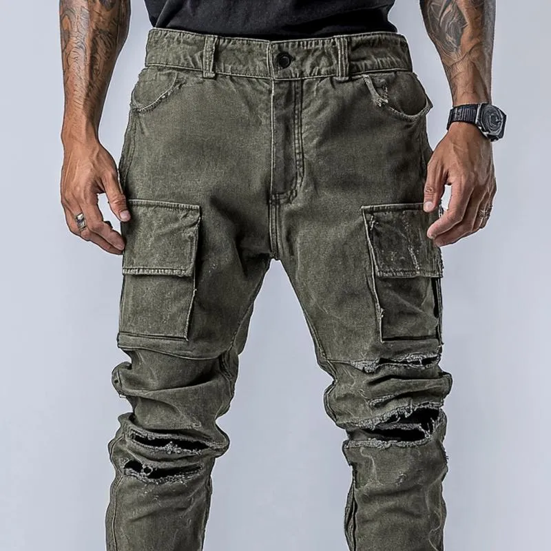 Men's Fashion Distressed Holes Patch Multi-pocket Cargo Pants 67017390Z sold by Manly product image thumbnail 3