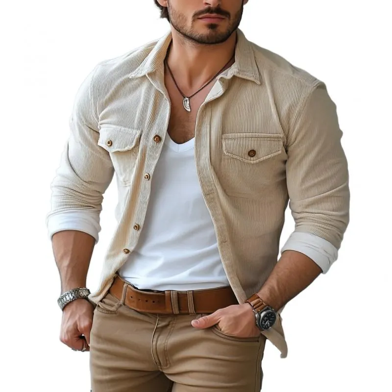 Men's Casual Corduroy Lapel Chest Pocket Long Sleeve Shirt 63581505M sold by Manly