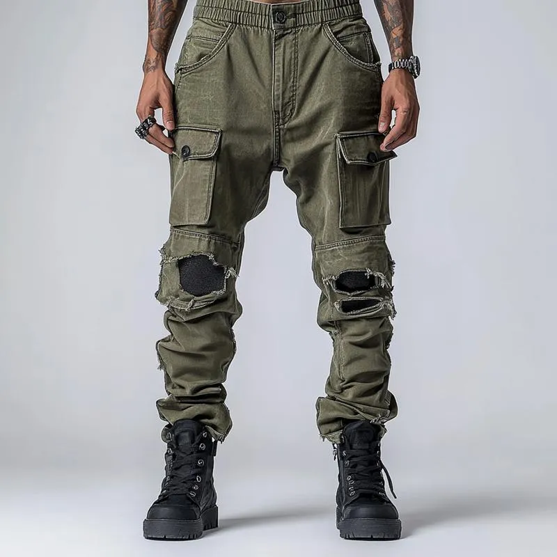Men's Fashion Distressed Holes Patch Multi-pocket Cargo Pants 48413906Z sold by Manly product image thumbnail 2