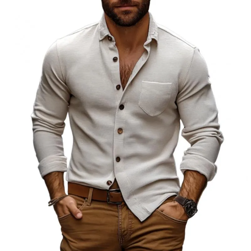 Men's Casual Cotton Linen Blended Lapel Slim Fit Long Sleeve Shirt 60956998M sold by Manly