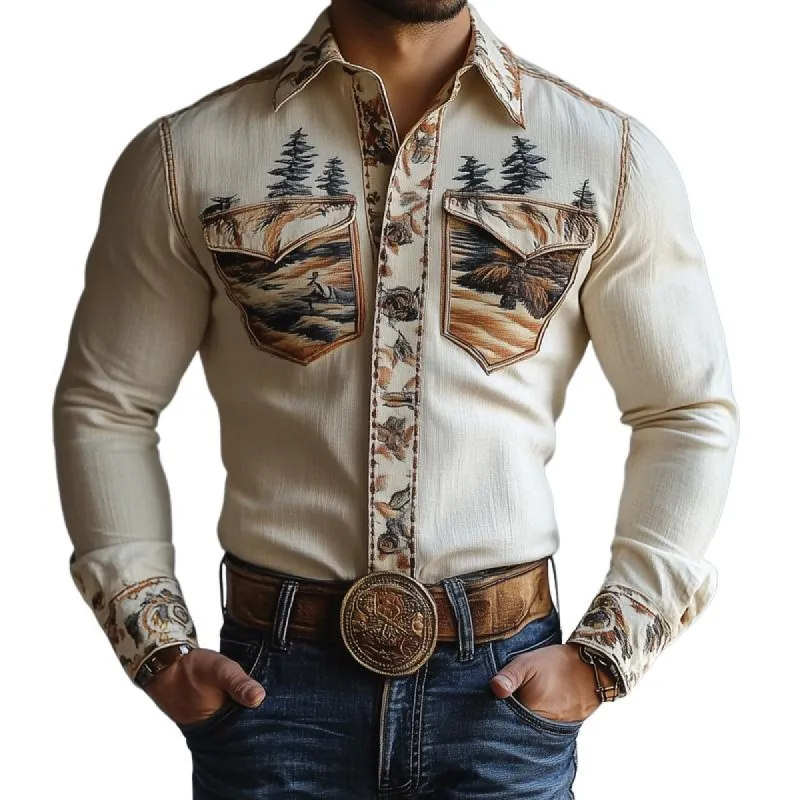 Men's Western Style Graphic Lapel Long Sleeve Shirt 83489314Z sold by Manly