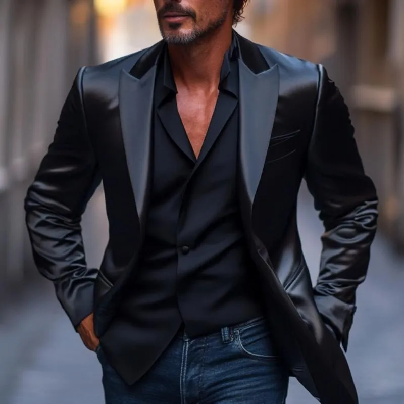 Men's Elegant Satin Peak Lapel Single-breasted Slim-fit Blazer 61255325M sold by Manly product image thumbnail 2