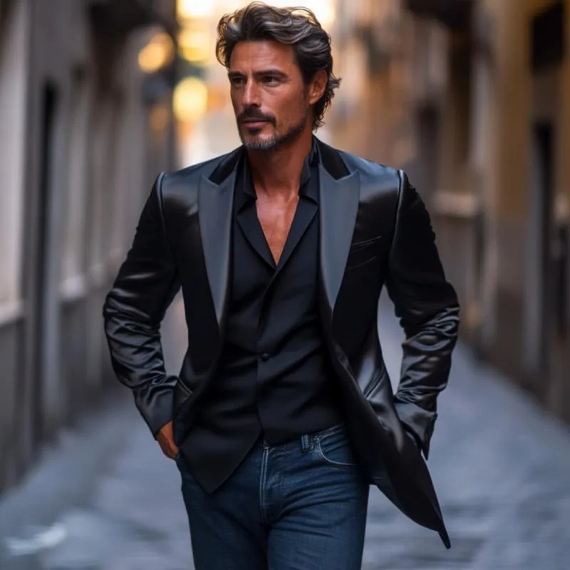 Men's Elegant Satin Peak Lapel Single-breasted Slim-fit Blazer 61255325M sold by Manly product image thumbnail 3