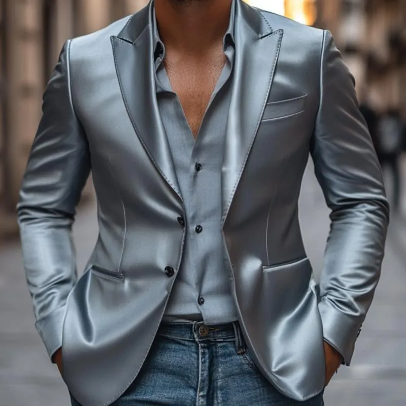Men's Elegant Satin Peak Lapel Single-breasted Slim-fit Blazer 02281793M sold by Manly product image thumbnail 3