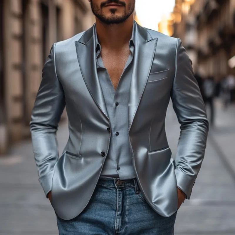 Men's Elegant Satin Peak Lapel Single-breasted Slim-fit Blazer 02281793M sold by Manly product image thumbnail 2