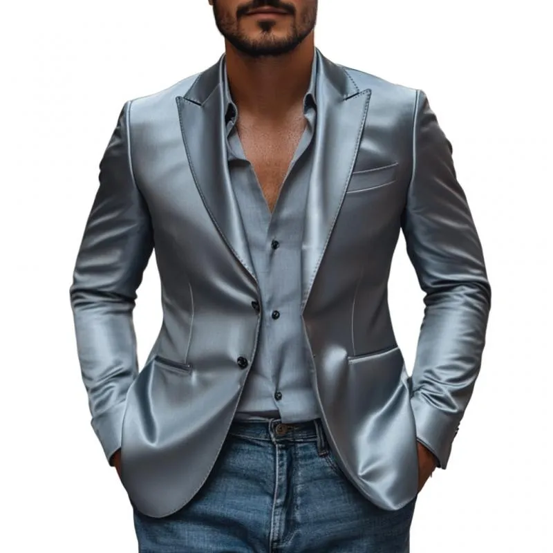 Men's Elegant Satin Peak Lapel Single-breasted Slim-fit Blazer 02281793M sold by Manly