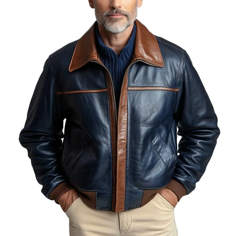 Men's Vintage Paneled Leather Lapel Zip-Up Jacket 15775232U sold by Manly