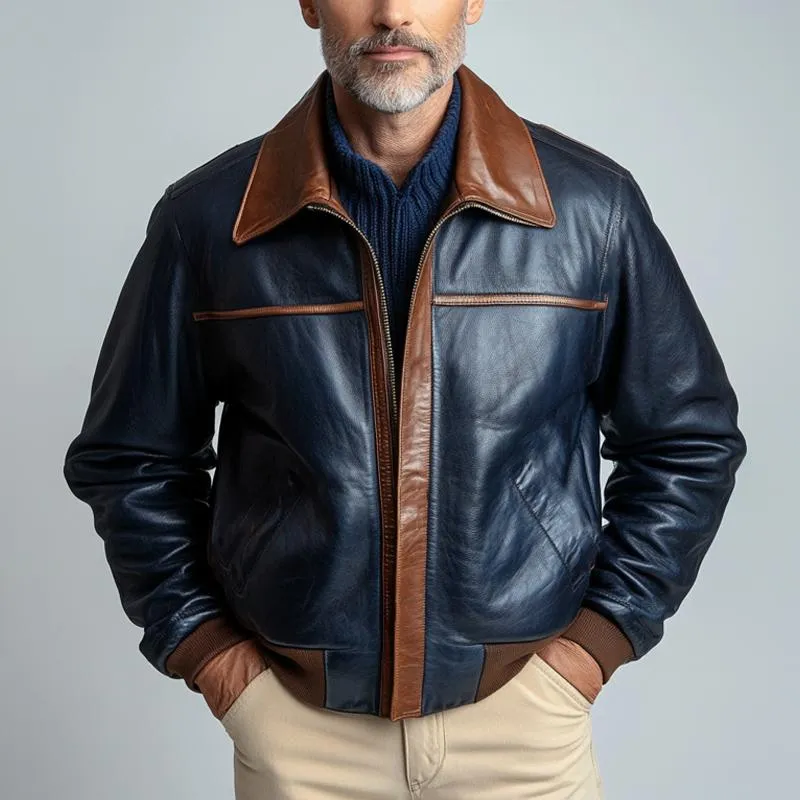 Men's Vintage Paneled Leather Lapel Zip-Up Jacket 15775232U sold by Manly product image thumbnail 2