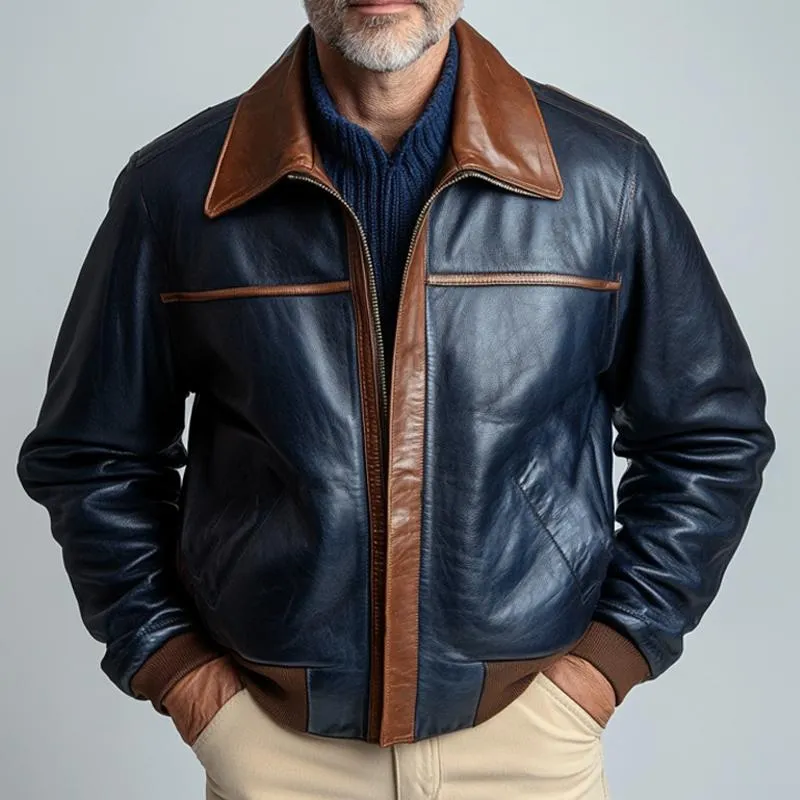 Men's Vintage Paneled Leather Lapel Zip-Up Jacket 15775232U sold by Manly product image thumbnail 3