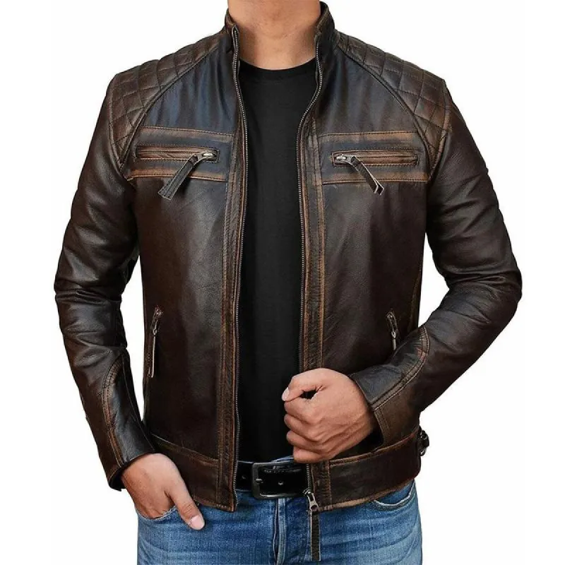 Men's Vintage Distressed Stand Collar Zipper Leather Jacket 10599156U sold by Manly