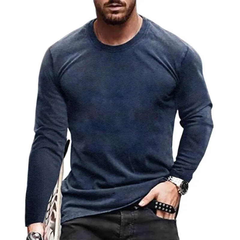 Men's Vintage Distressed Round Neck Long Sleeve T-Shirt 43264395U sold by Manly