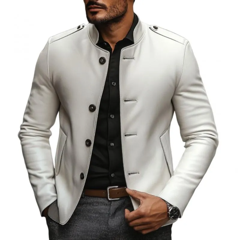 Men's Vintage Leather Stand Collar Single Breasted Slim Fit Blazer 08036531M sold by Manly