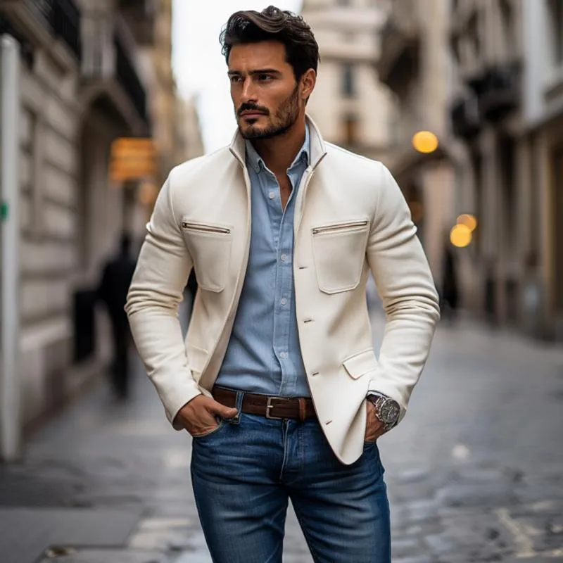 Men's Casual Blended Stand Collar Single-breasted Multi-pocket Slim-fit Blazer 93449259M sold by Manly product image thumbnail 3