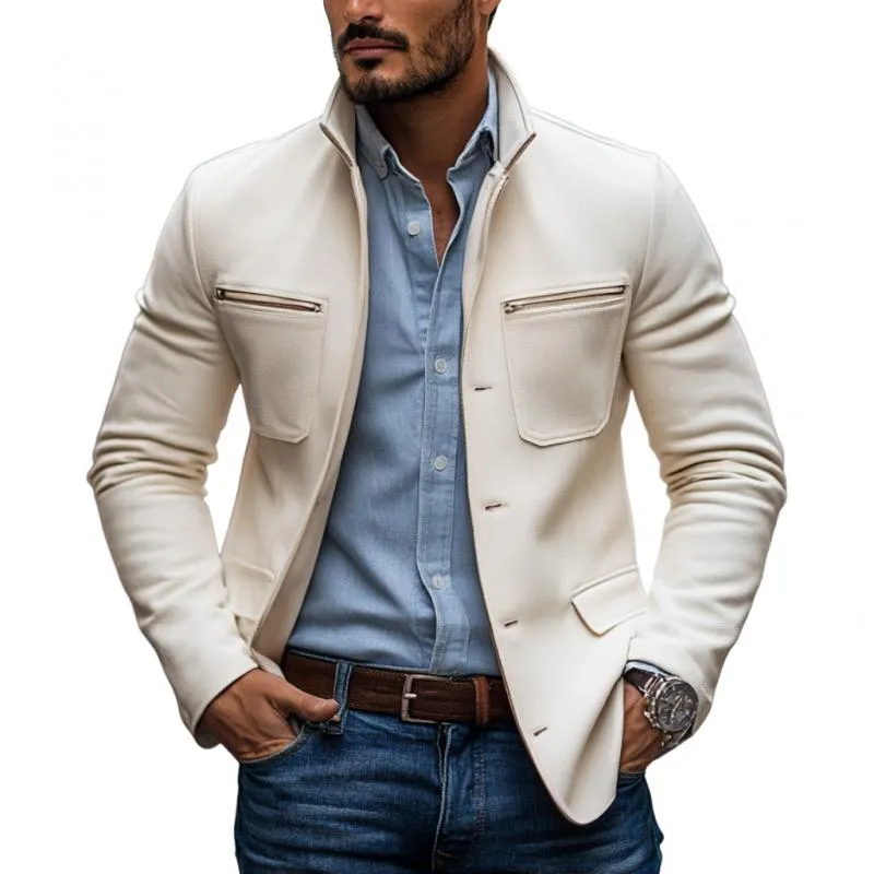 Men's Casual Blended Stand Collar Single-breasted Multi-pocket Slim-fit Blazer 93449259M sold by Manly