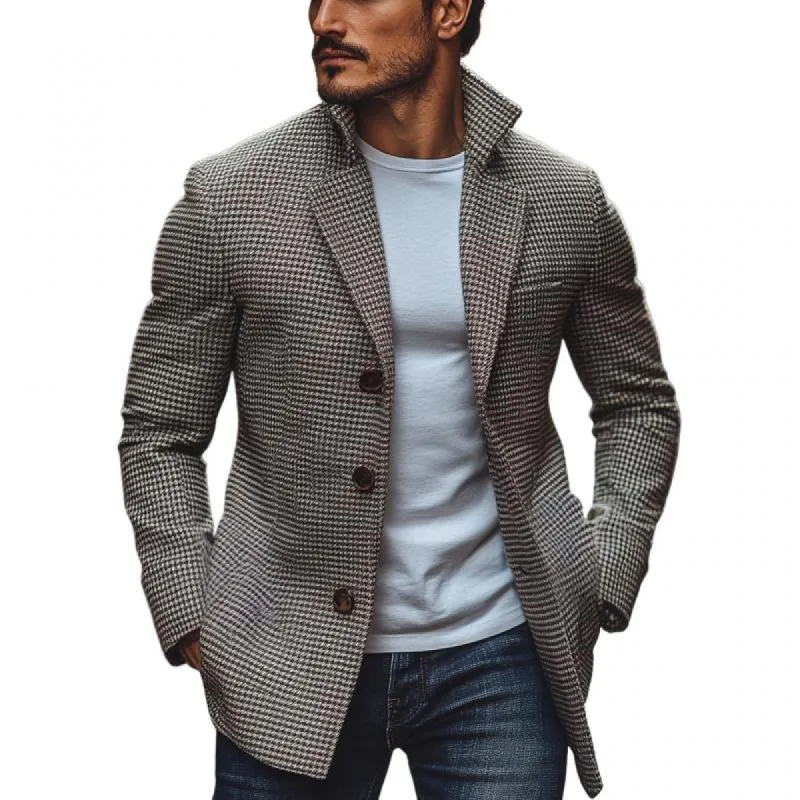 Men's Casual Houndstooth Notch Lapel Single-breasted Loose Coat 28589243M sold by Manly