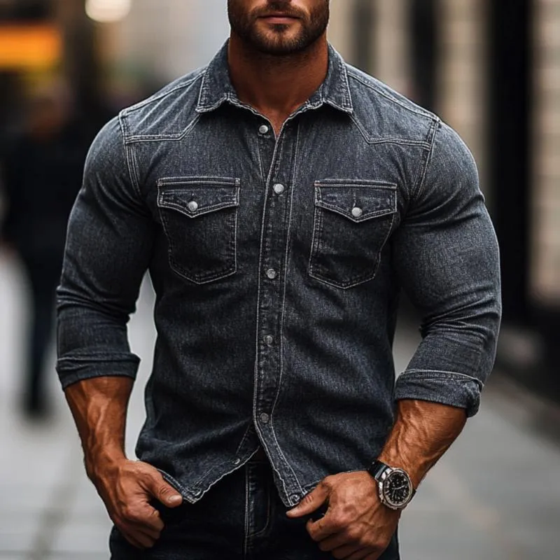 Men's Vintage Denim Washed Lapel Slim Fit Long Sleeve Shirt 92308602M sold by Manly product image thumbnail 2