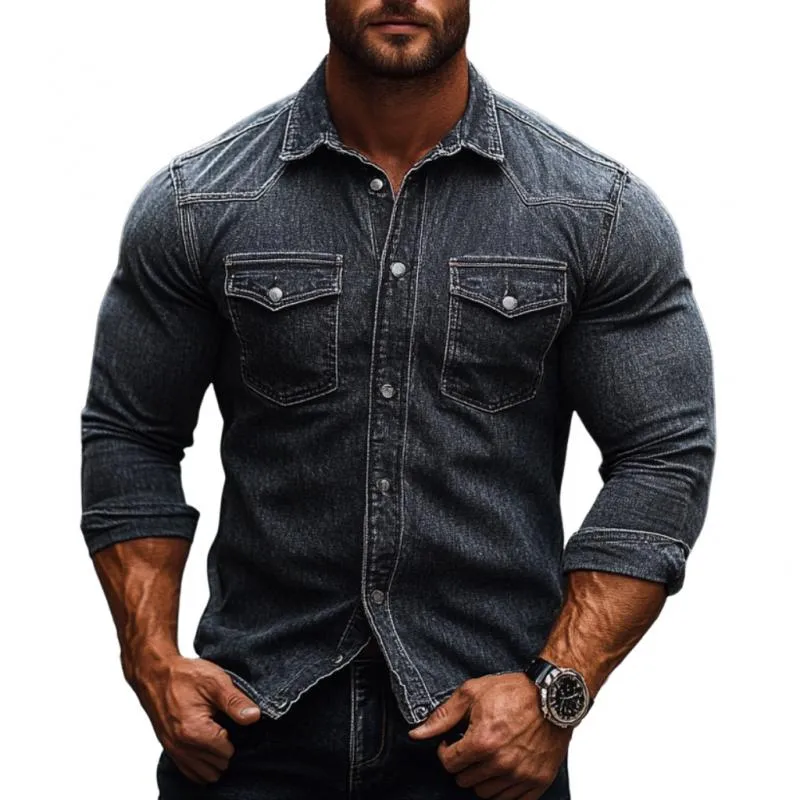 Men's Vintage Denim Washed Lapel Slim Fit Long Sleeve Shirt 92308602M sold by Manly