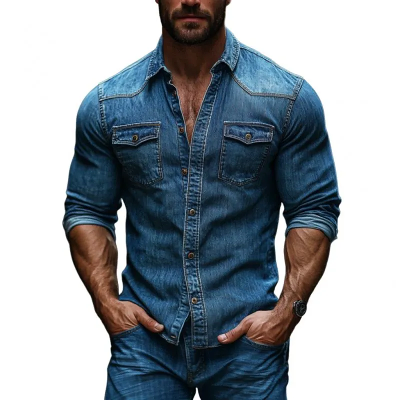 Men's Vintage Denim Washed Lapel Slim Fit Long Sleeve Shirt 68341008M sold by Manly