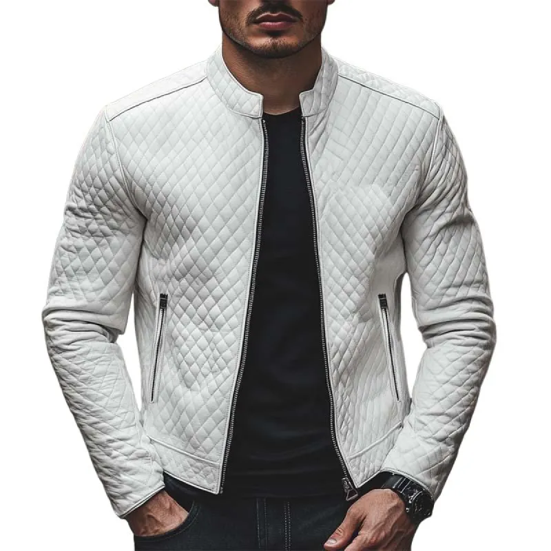 Men's Classic Relaxed Stand Collar Slim Fit Quilted Leather Jacket 09237911K sold by Manly