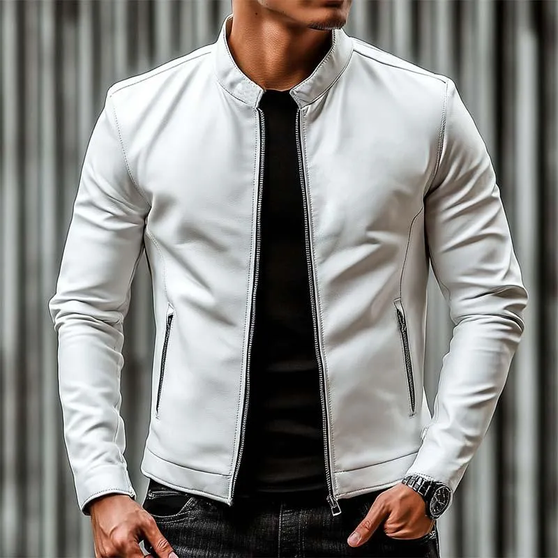 Men's Classic Casual Stand Collar Slim Fit Leather Jacket 33601502K sold by Manly product image thumbnail 2