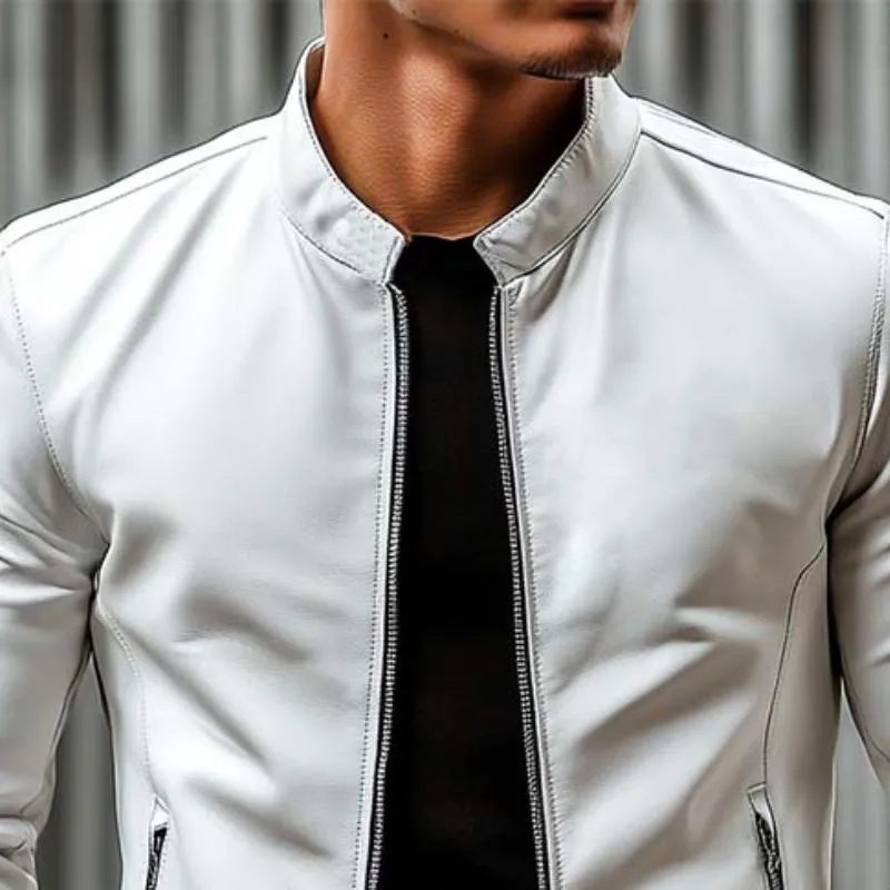 Men's Classic Casual Stand Collar Slim Fit Leather Jacket 33601502K sold by Manly product image thumbnail 3