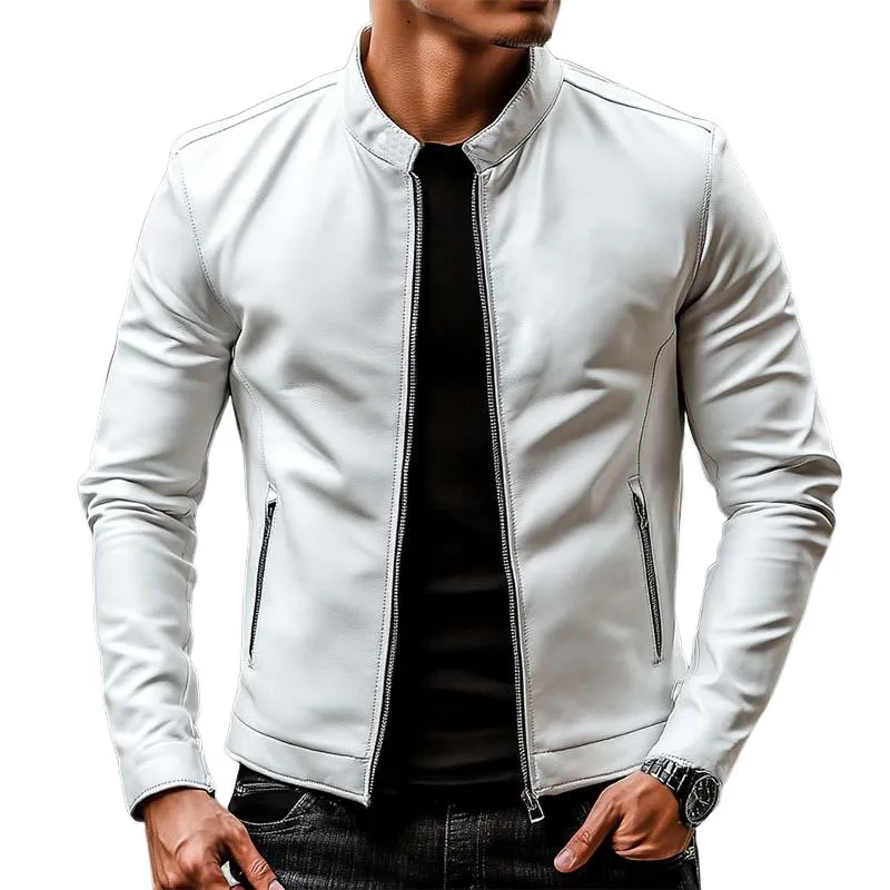 Men's Classic Casual Stand Collar Slim Fit Leather Jacket 33601502K sold by Manly