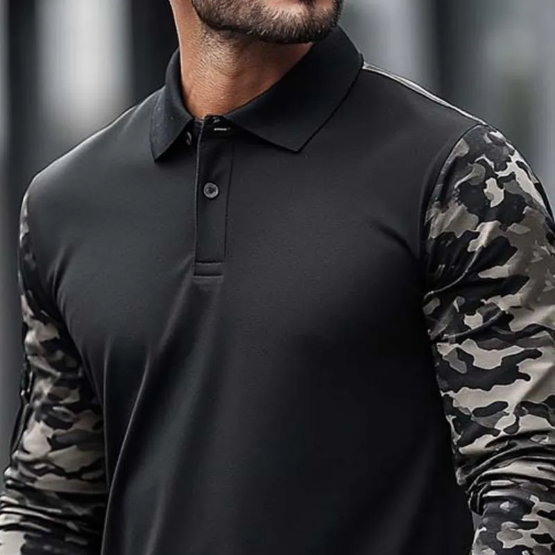 Men's Classic Casual Camouflage Stitching Long Sleeve POLO Shirt 98018895K sold by Manly product image thumbnail 3