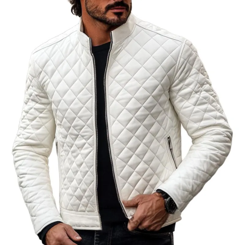 Men's Casual Stand Collar Quilted White Leather Jacket 41404657F sold by Manly