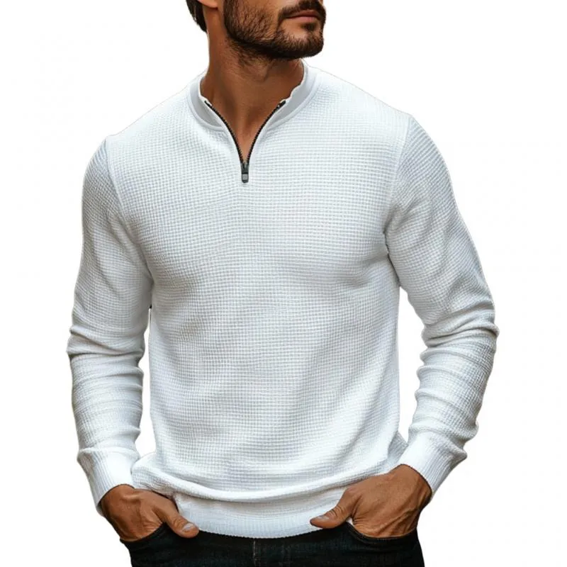 Men's Casual Waffle Zip-up Collar Loose Long-sleeved T-shirt 88105580M sold by Manly