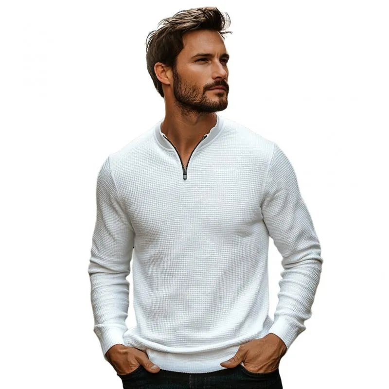 Men's Casual Waffle Zip-up Collar Loose Long-sleeved T-shirt 88105580M sold by Manly product image thumbnail 3