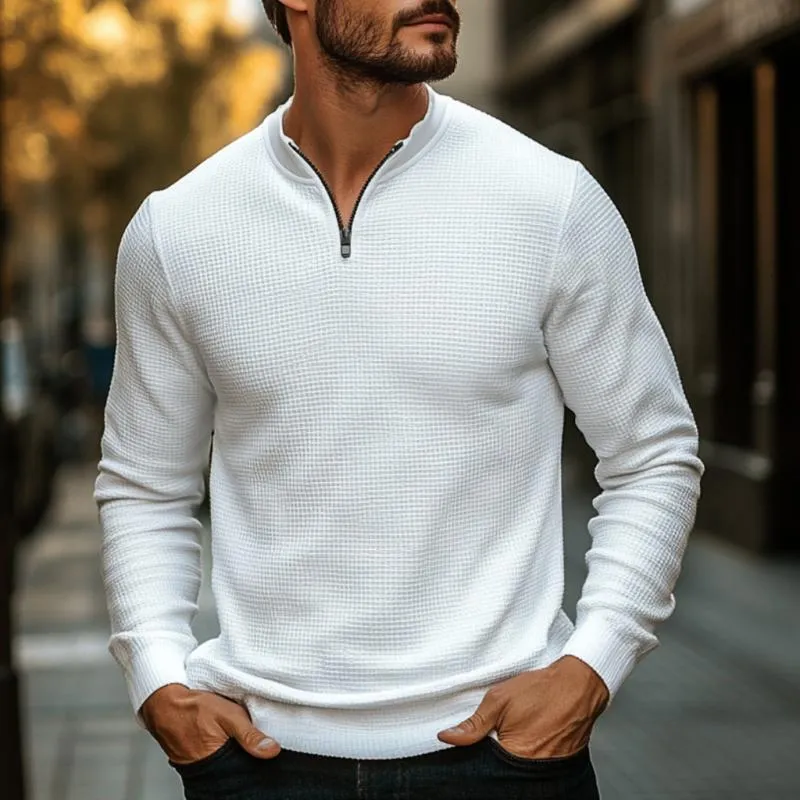 Men's Casual Waffle Zip-up Collar Loose Long-sleeved T-shirt 88105580M sold by Manly product image thumbnail 2