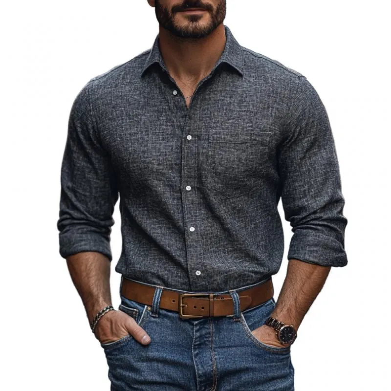 Men's Casual Cotton Linen Lapel Patch Pocket Loose Long Sleeve Shirt 13650608M sold by Manly